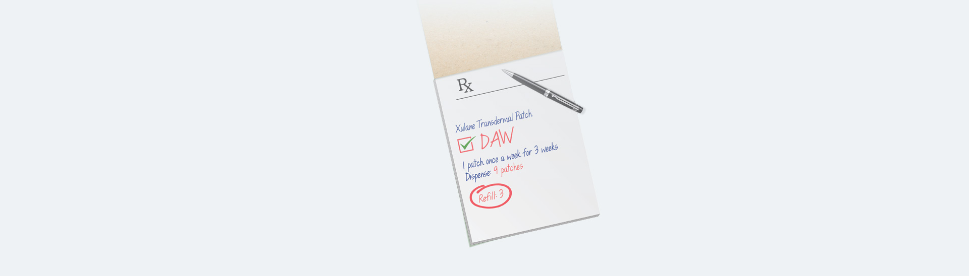 Prescription pad showing Dispense As Written (DAW) check box, with 3 refills